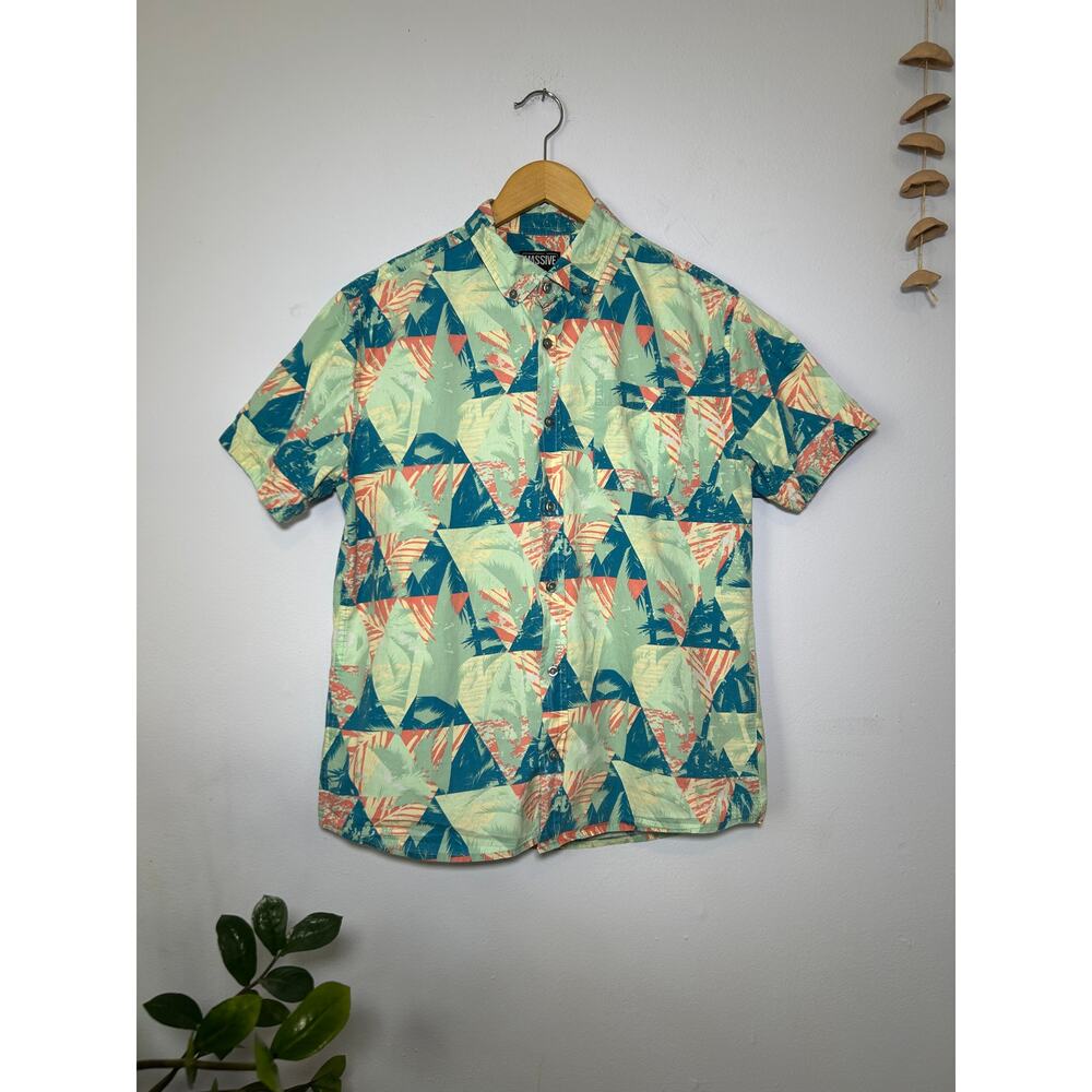 Teal Massive Button Down Geometric Palm Tree Print Shirt Medium Men